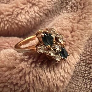 SZ 5 | 18K GF Diamond Cluster Gold Ring with Emerald Green and Clear Crystals